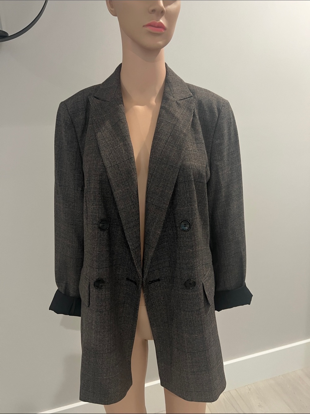 Classic Double-Breasted Plaid Blazer Jacket - brown orange black check